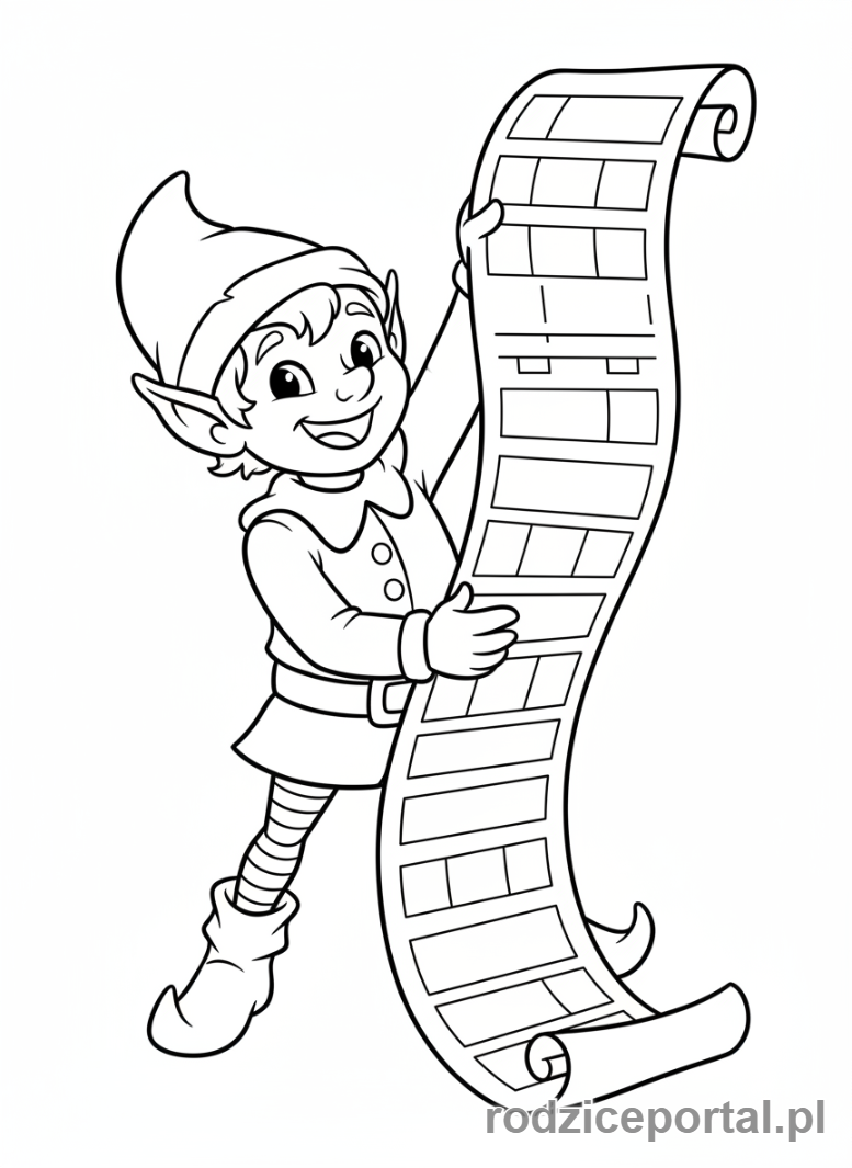 Kolorowanka Boże Narodzenie - Elf z długą listą prezentów