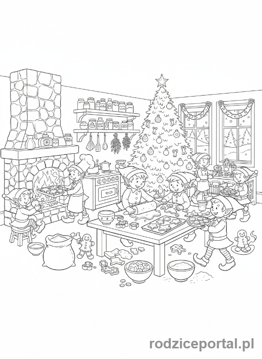 Kolorowanka Boże Narodzenie - Elfy piekące pierniczki