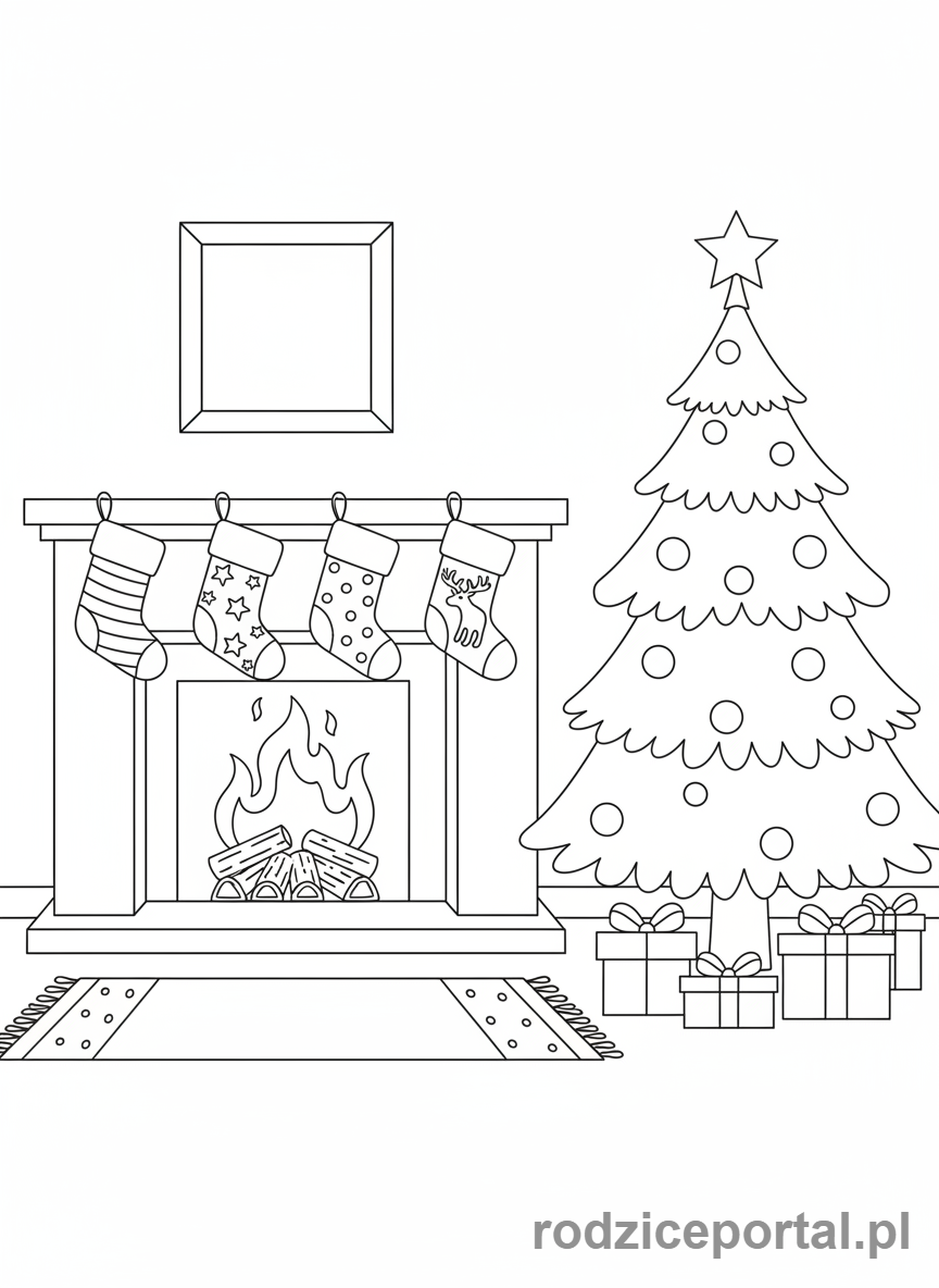 Kolorowanka Boże Narodzenie - Kominek z płonącym ogniem i skarpetami