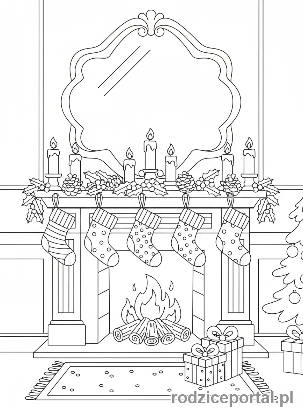 Kolorowanka Boże Narodzenie - Kominek z wiszącymi skarpetami
