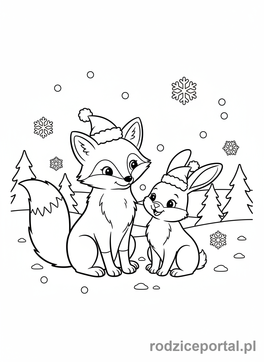 Kolorowanka Boże Narodzenie - Lis i zajączek w czapkach Mikołaja
