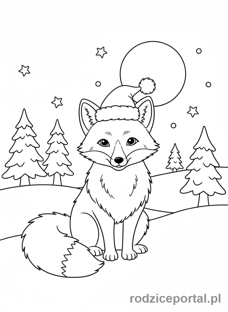 Kolorowanka Boże Narodzenie - Lis polarny w zimowej czapce