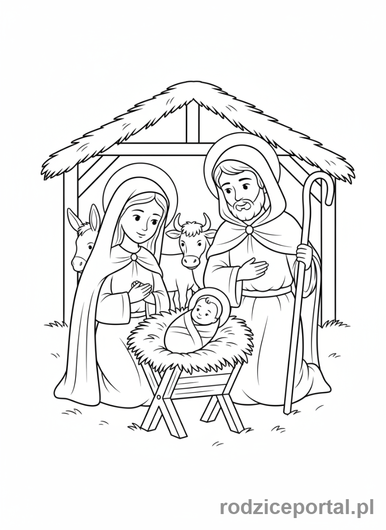 Kolorowanka Boże Narodzenie - Maryja i Józef przy żłóbku