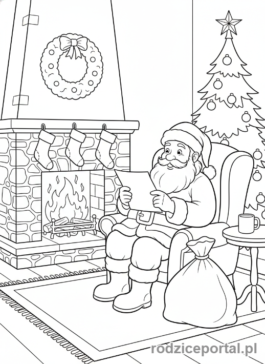 Kolorowanka Boże Narodzenie - Mikołaj czytający list
