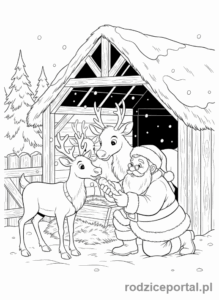 Kolorowanka Boże Narodzenie - Mikołaj karmiący renifery