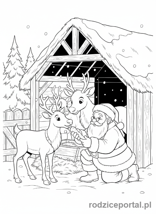 Kolorowanka Boże Narodzenie - Mikołaj karmiący renifery