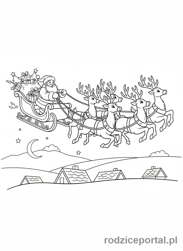 Kolorowanka Boże Narodzenie - Mikołaj lecący saniami