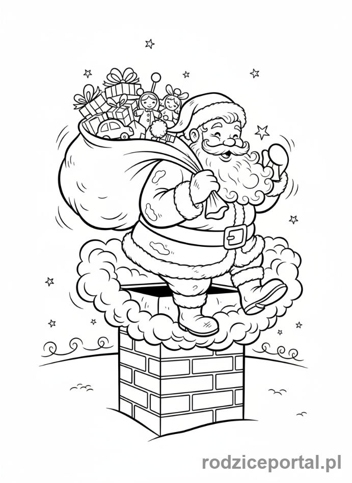 Kolorowanka Boże Narodzenie - Mikołaj schodzący z komina