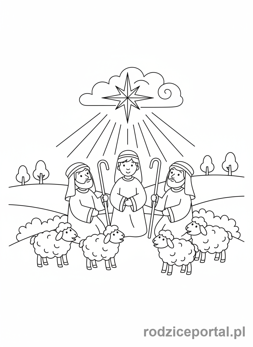 Kolorowanka Boże Narodzenie - Pasterze z owieczkami