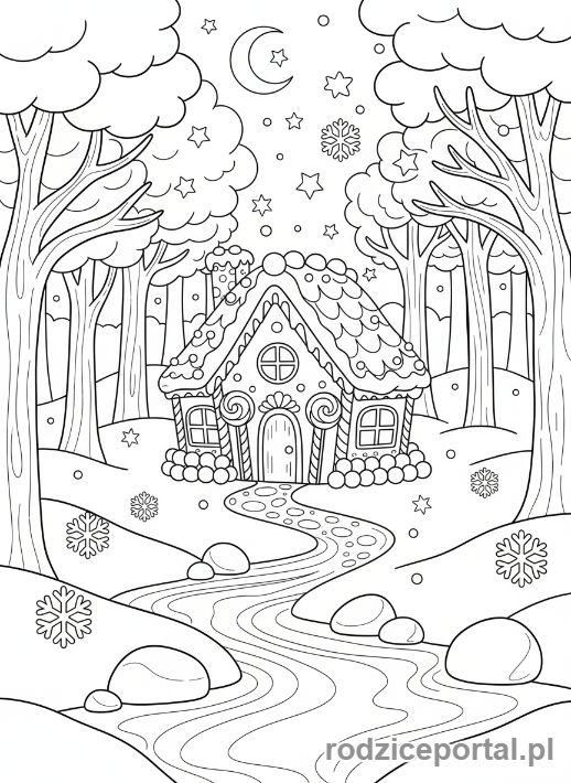 Kolorowanka Boże Narodzenie - Piernikowa chatka w zimowym lesie