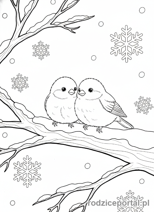 Kolorowanka Boże Narodzenie - Ptaszki na gałęzi obsypanej śniegiem