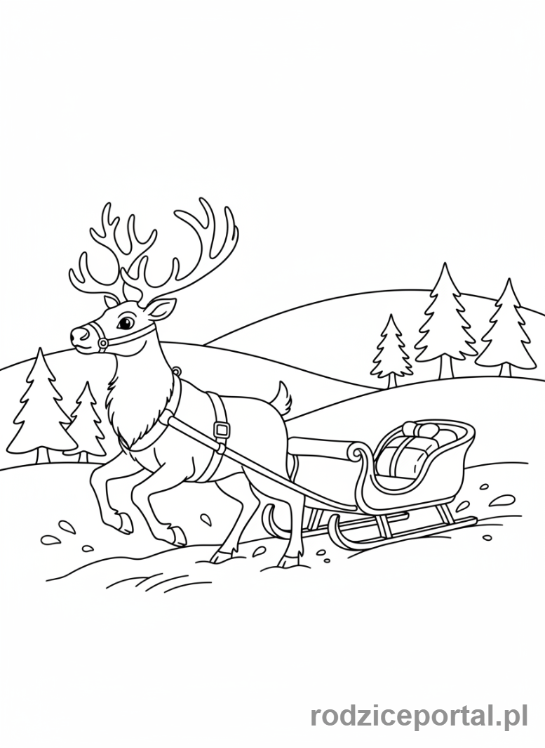 Kolorowanka Boże Narodzenie - Renifer ciągnący sanie