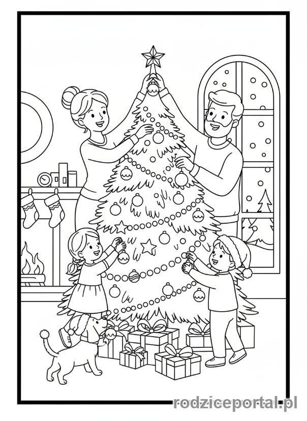 Kolorowanka Boże Narodzenie - Rodzina przy choince
