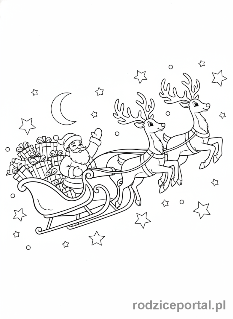 Kolorowanka Boże Narodzenie - Saneczki Mikołaja z prezentami