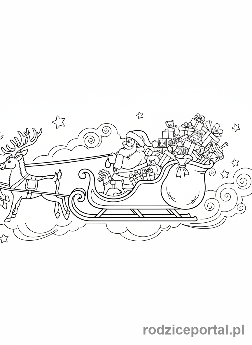 Kolorowanka Boże Narodzenie - Sanie Mikołaja pełne prezentów