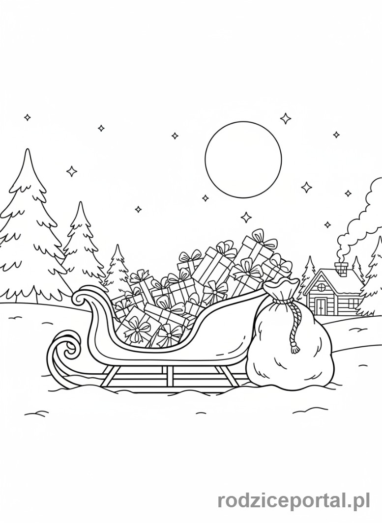 Kolorowanka Boże Narodzenie - Sanie z prezentami bez Mikołaja
