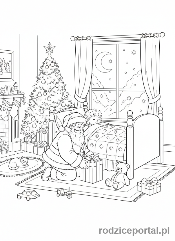 Kolorowanka Boże Narodzenie - Śpiące dziecko i Mikołaj