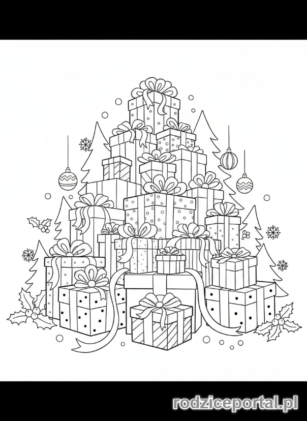 Kolorowanka Boże Narodzenie - Stos świątecznych prezentów