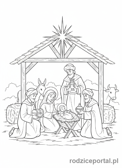 Kolorowanka Boże Narodzenie - Trzej Królowie składający dary
