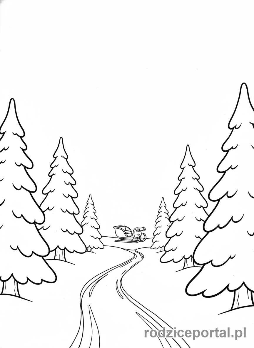 Kolorowanka Boże Narodzenie - Zimowa scenka z saniami i lasem