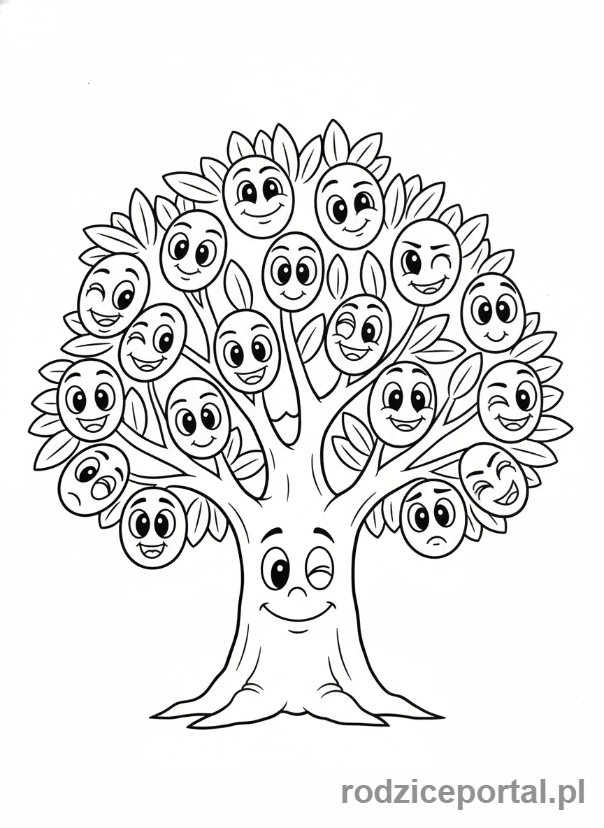 Kolorowanka Brainrot Italiano - Drzewo oliwne z oliwkami w kształcie oczu, patrzące z uśmiechem
