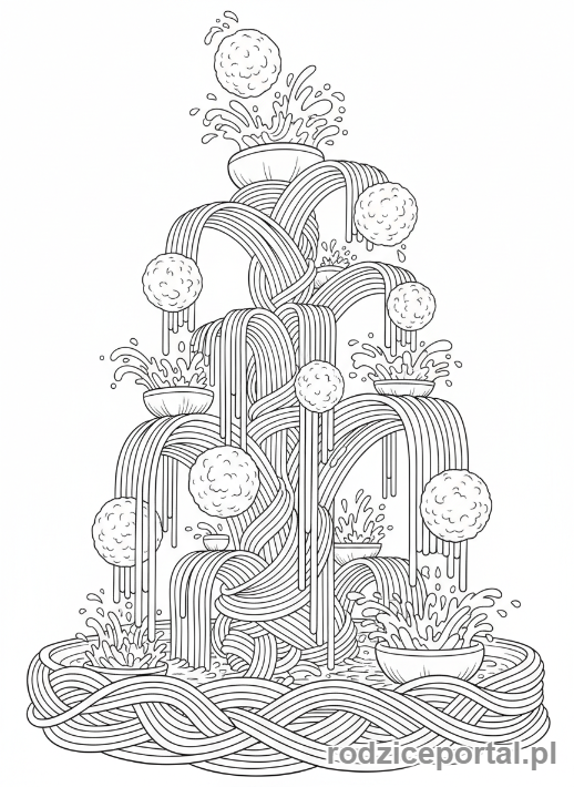 Kolorowanka Brainrot Italiano - Fontanna ze spaghetti tryskająca sosem pomidorowym