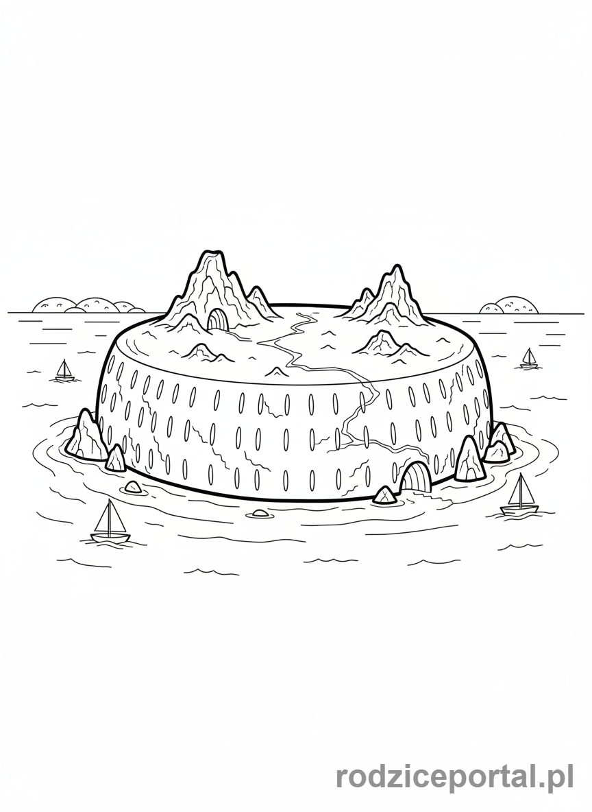 Kolorowanka Brainrot Italiano - Gigantyczny ser parmezan jako wyspa na morzu