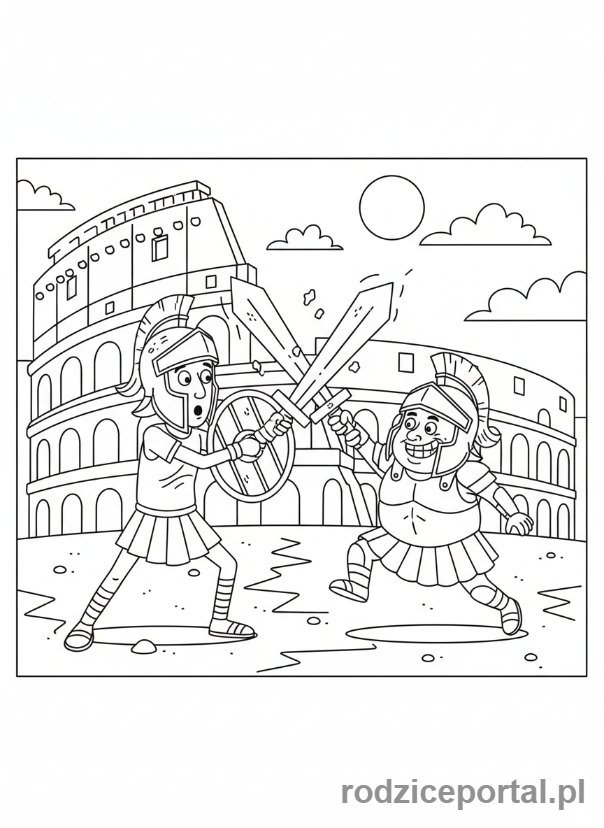 Kolorowanka Brainrot Italiano - Gladiatorzy walczący na piankowe miecze w Koloseum