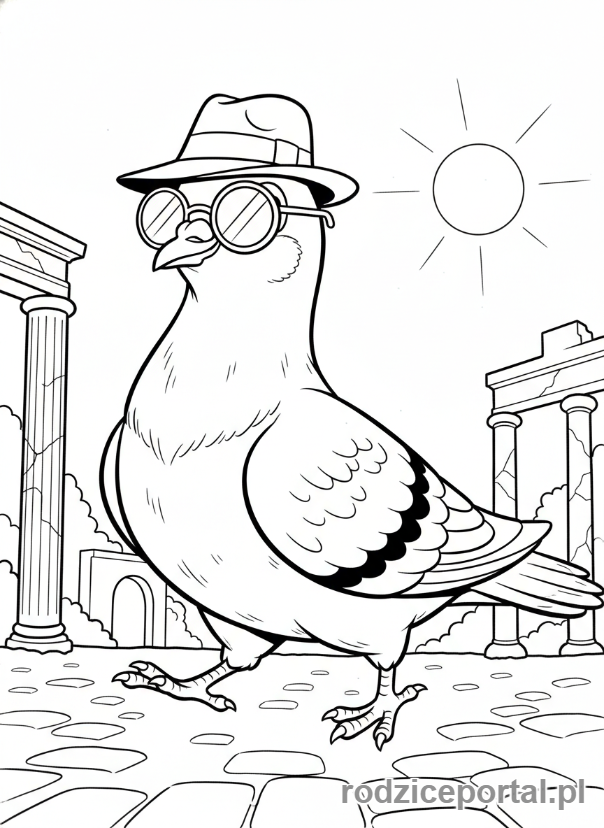 Kolorowanka Brainrot Italiano - Gołąb w fedorze i okularach spacerujący po Rzymie.