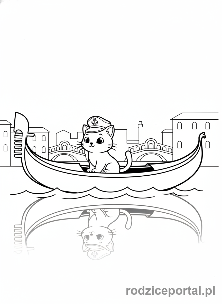 Kolorowanka Brainrot Italiano - Gondola płynąca z kotem w kapeluszu kapitana.