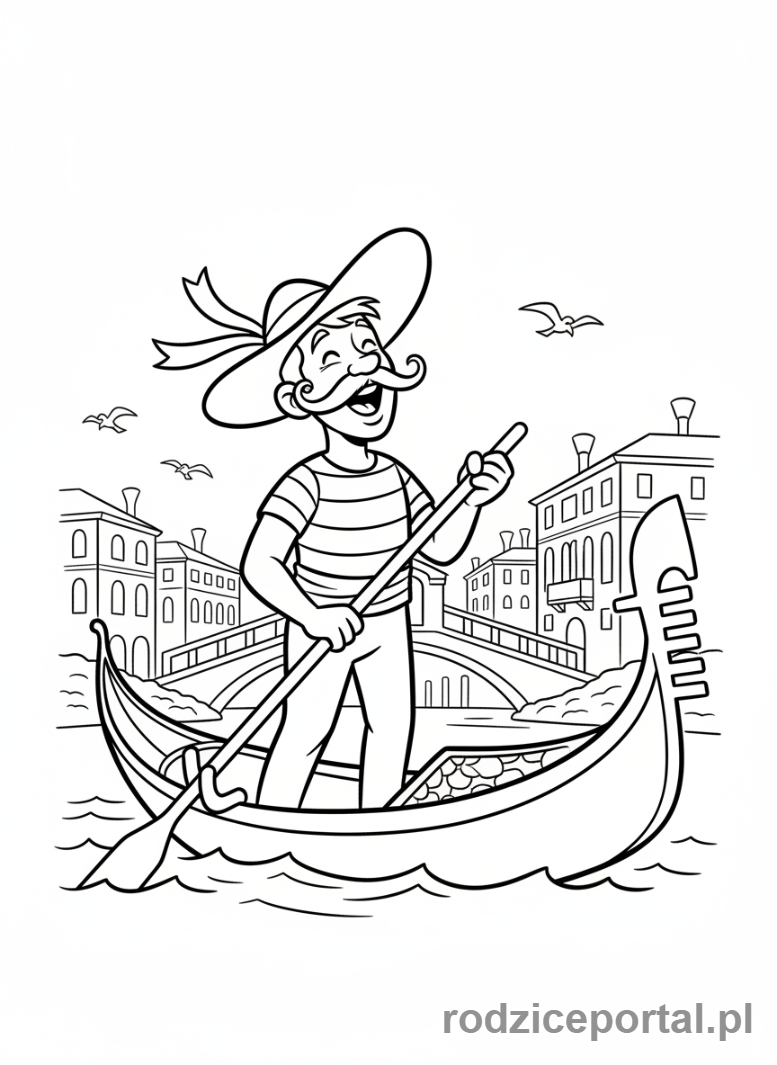 Kolorowanka Brainrot Italiano - Gondolier z długimi wąsami i śpiewający głośno