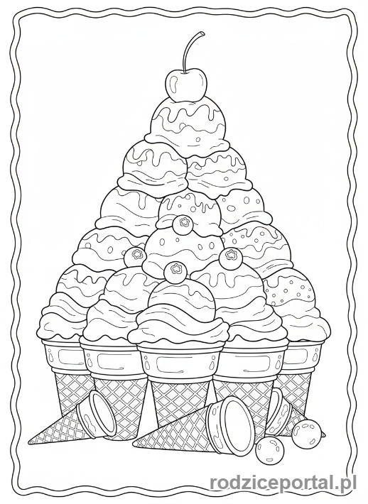 Kolorowanka Brainrot Italiano - Góra lodów z wisienką na szczycie i wafelkami u podnóża