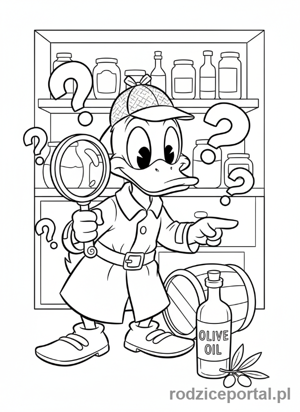 Kolorowanka Brainrot Italiano - Kaczka w stroju detektywa szukająca zaginionej oliwy