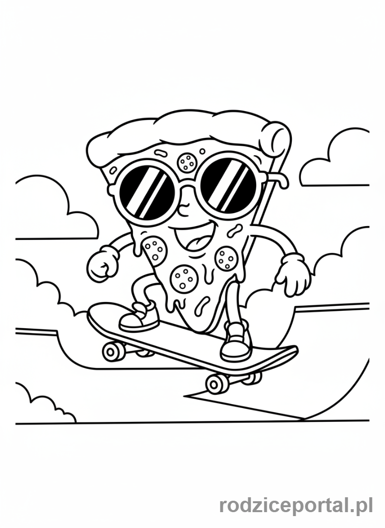 Kolorowanka Brainrot Italiano - Kawałek pizzy na deskorolce, w okularach przeciwsłonecznych.
