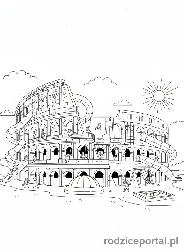 Kolorowanka Brainrot Italiano - Koloseum jako plac zabaw z huśtawkami i zjeżdżalniami