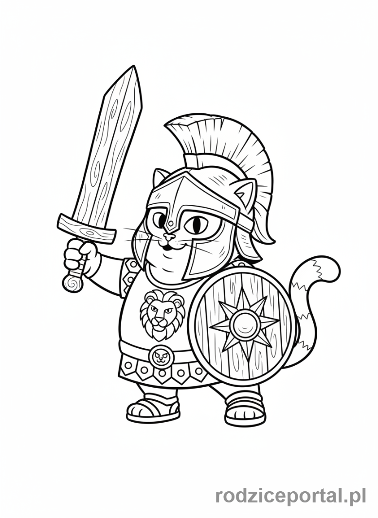 Kolorowanka Brainrot Italiano - Kot gladiator w za dużym hełmie i z drewnianym mieczem