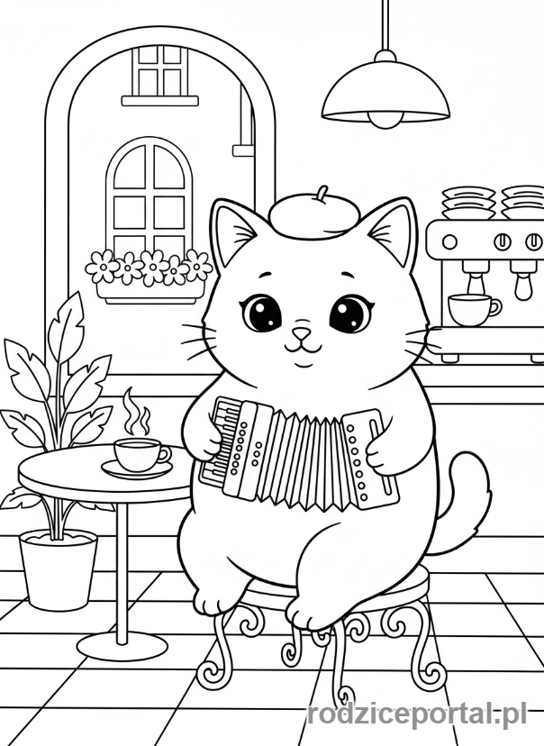Kolorowanka Brainrot Italiano - Kot grający na akordeonie w przytulnej włoskiej kawiarni.