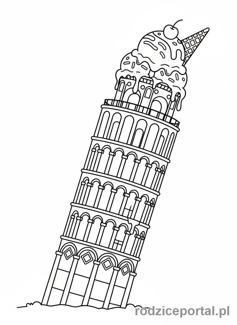 Kolorowanka Brainrot Italiano - Krzywa Wieża w Pizie z gigantyczną gałką lodów na szczycie.