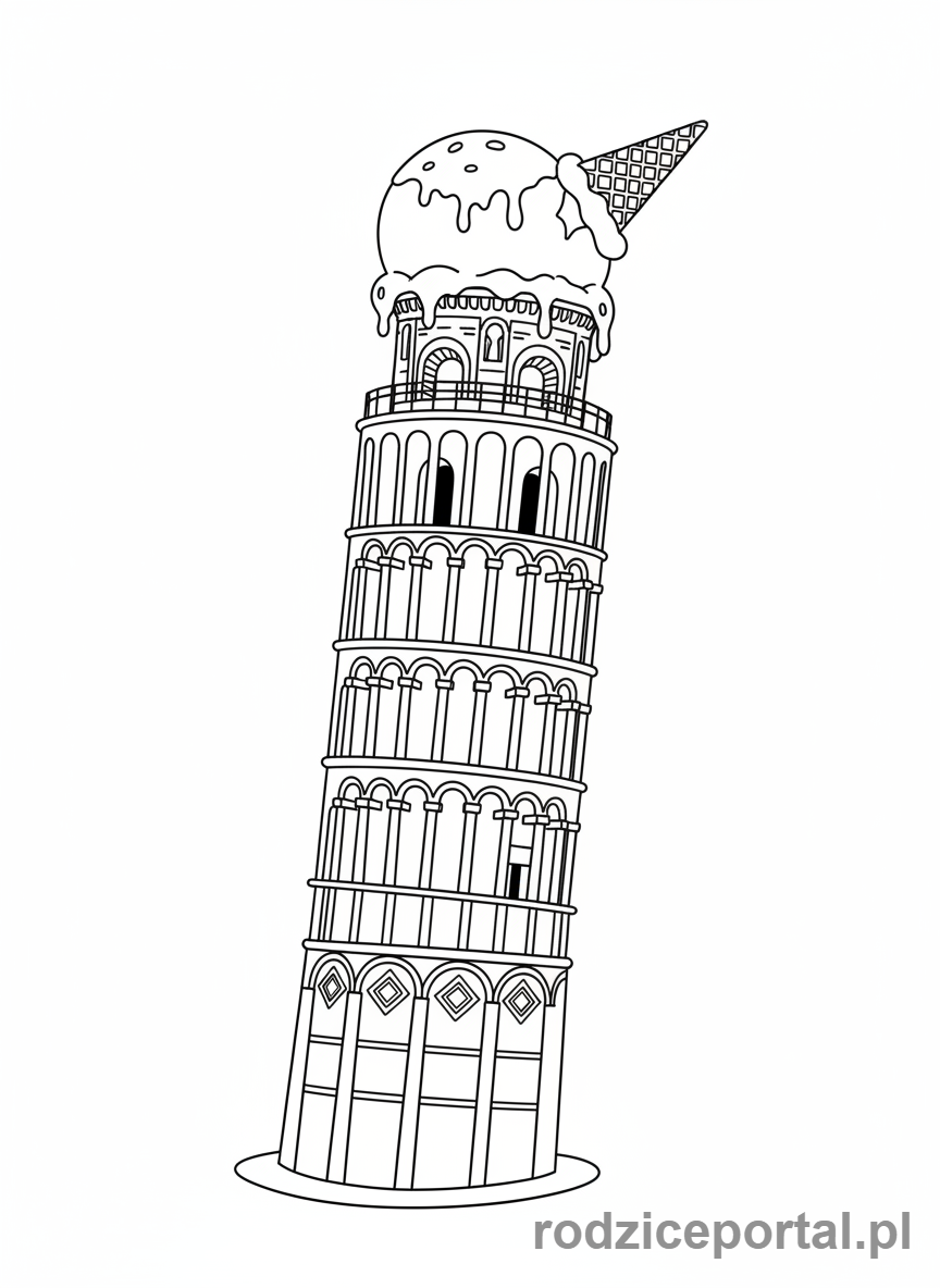 Kolorowanka Brainrot Italiano - Krzywa Wieża z lodami na szczycie i wafelkiem