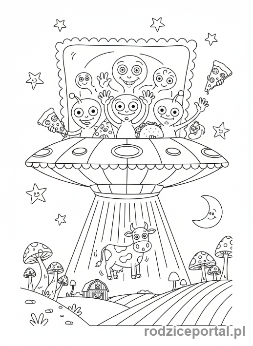 Kolorowanka Brainrot Italiano - Latający spodek w kształcie ravioli, z którego wyskakują ufoludki