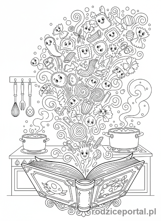 Kolorowanka Brainrot Italiano - Magiczna księga kucharska, z której wylatują makarony