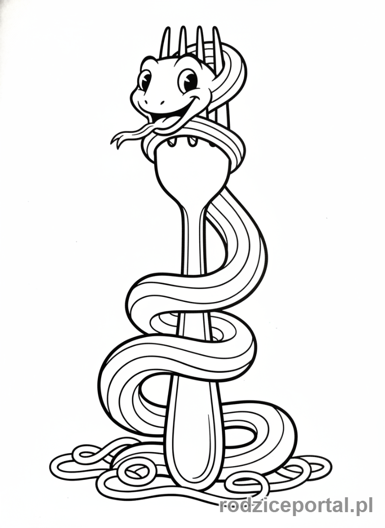 Kolorowanka Brainrot Italiano - Makaron spaghetti jako wąż, owijający się wokół widelca