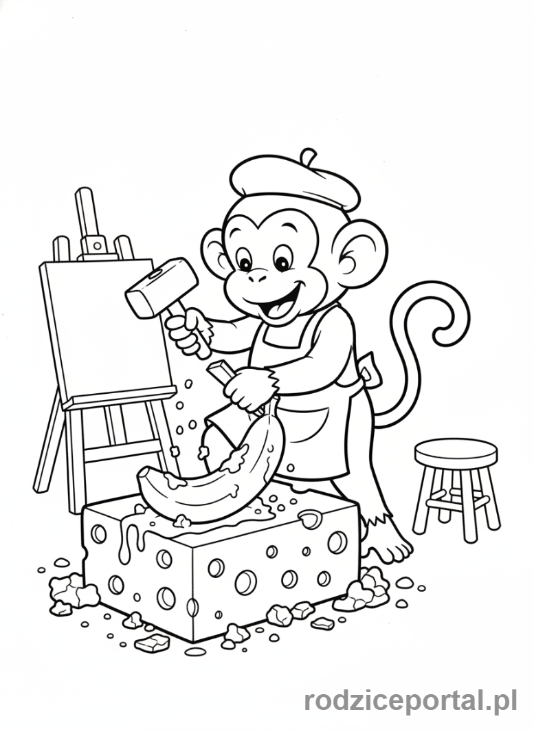 Kolorowanka Brainrot Italiano - Małpka jako rzeźbiarz, tworząca posąg z serem