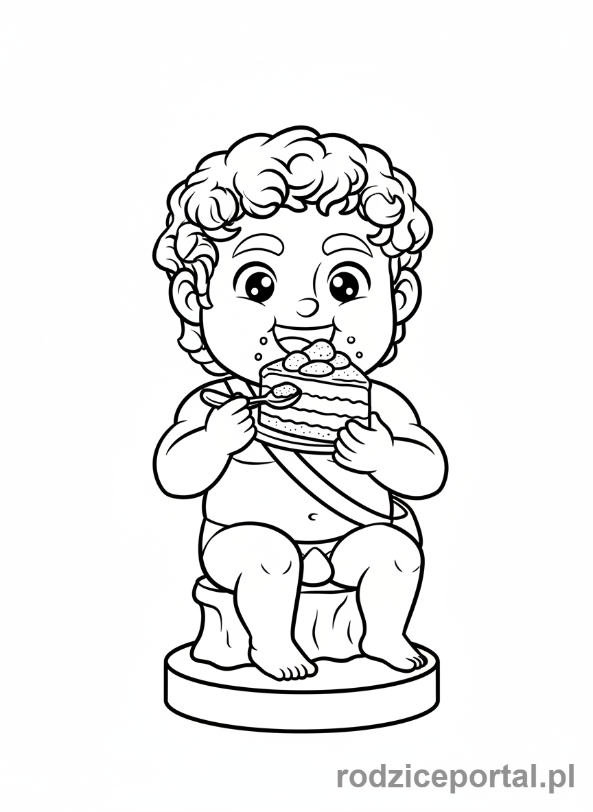 Kolorowanka Brainrot Italiano - Mały Dawid rzeźba jedząca tiramisu.