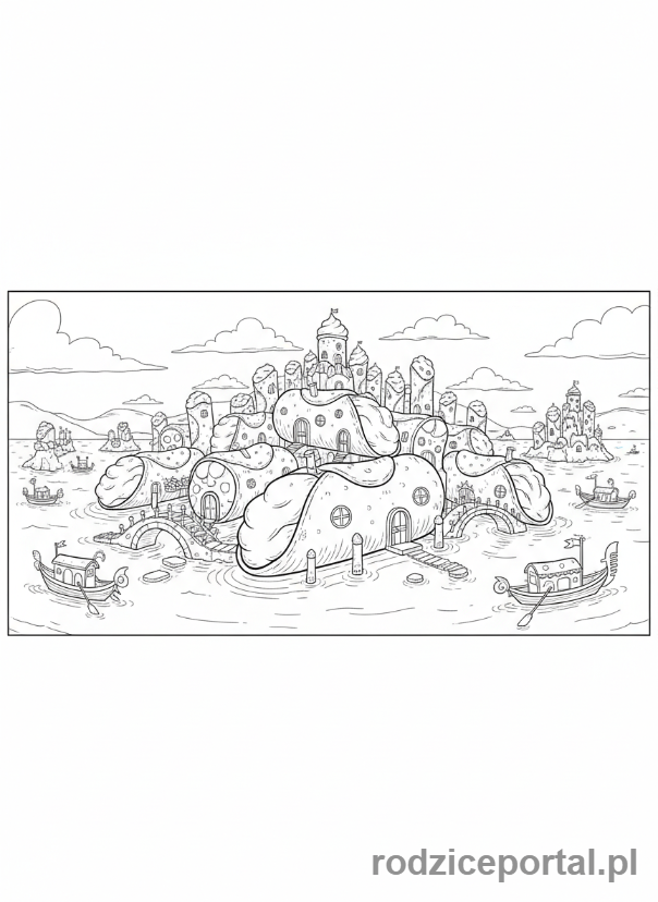 Kolorowanka Brainrot Italiano - Miasto na wodzie z domkami zrobionymi z cannoli