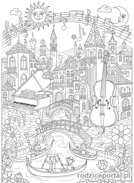 Kolorowanka Brainrot Italiano - Muzyczne miasto Wenecja z instrumentami jako budynkami
