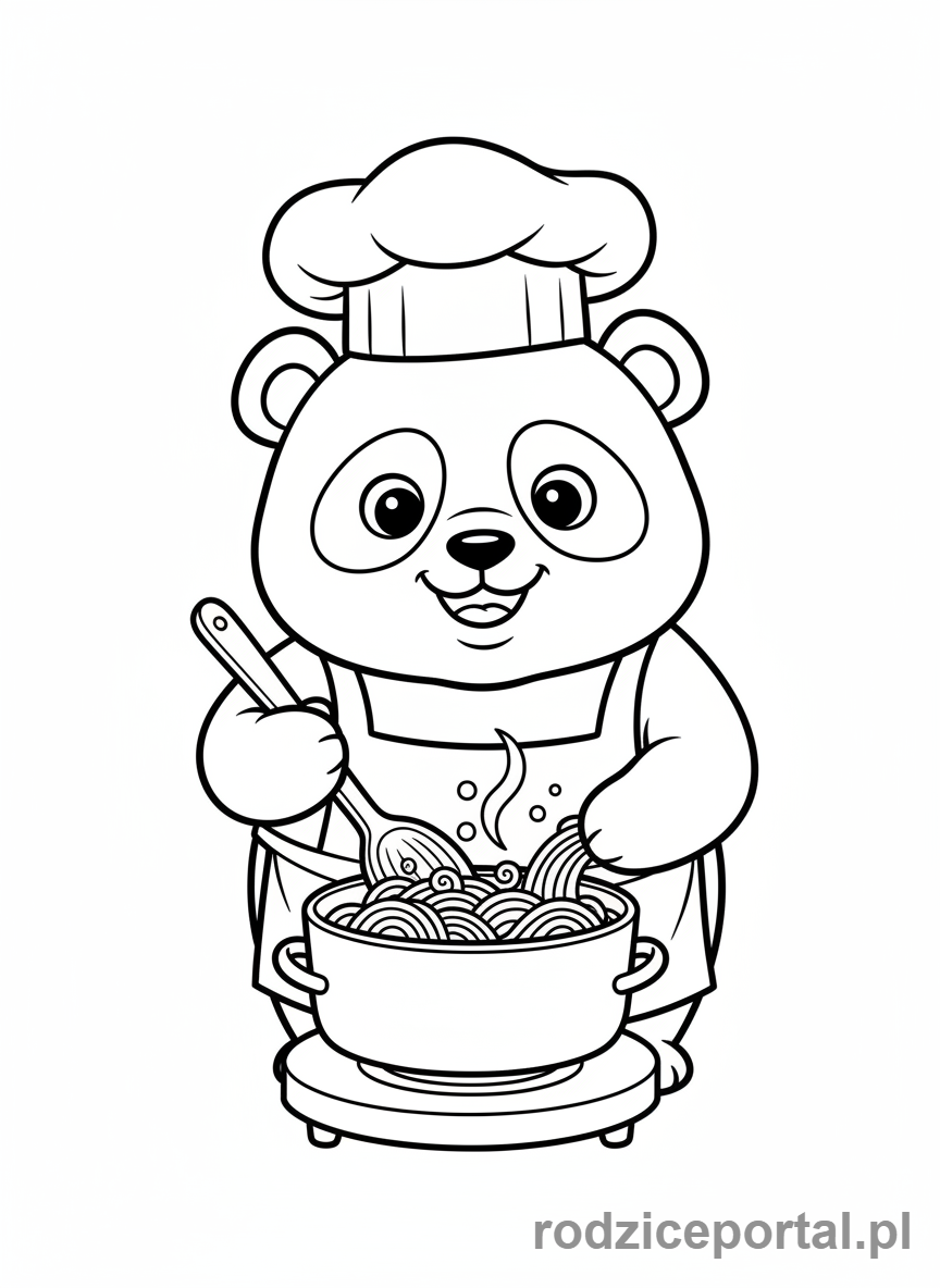 Kolorowanka Brainrot Italiano - Niedźwiedź panda w fartuchu kucharza, gotujący makaron