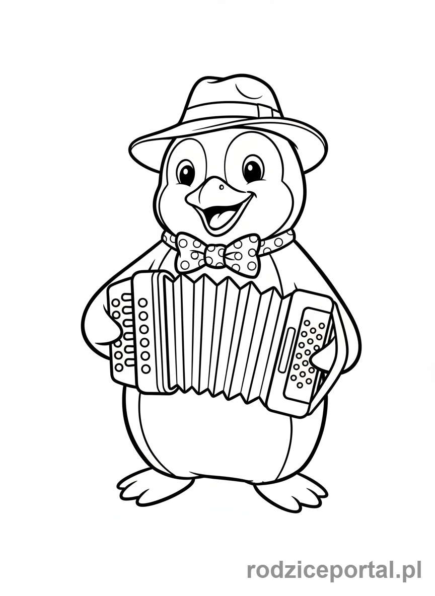 Kolorowanka Brainrot Italiano - Pingwin w kapeluszu i muszce grający na akordeonie