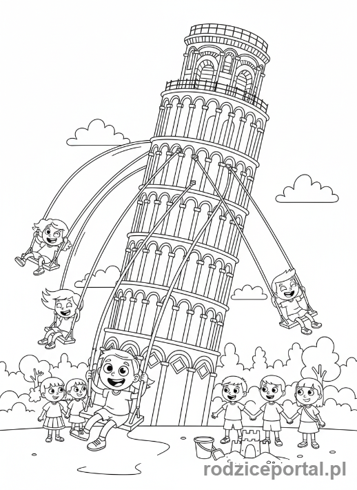 Kolorowanka Brainrot Italiano - Piza jako gigantyczna huśtawka dla dzieci