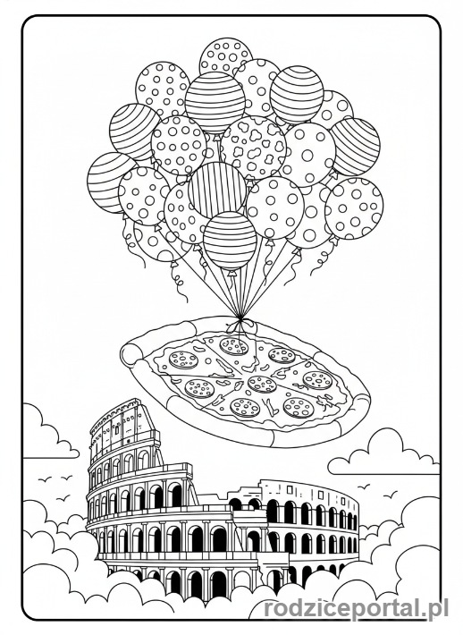 Kolorowanka Brainrot Italiano - Pizza latająca nad Koloseum z balonami